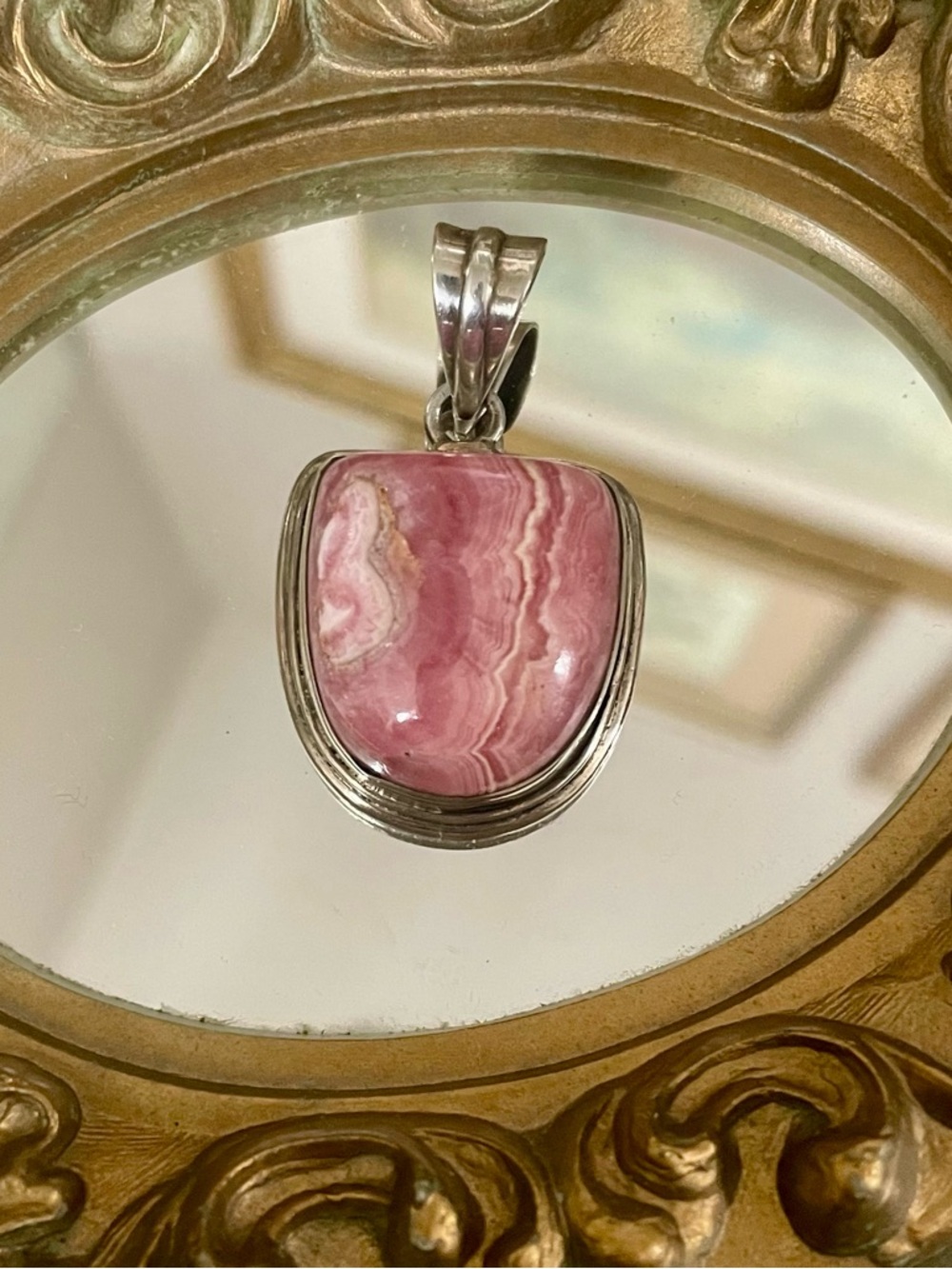 Vintage Hand Crafted Sterling Silver Rhodochrosite Pink Stone Pendant 1.5” long